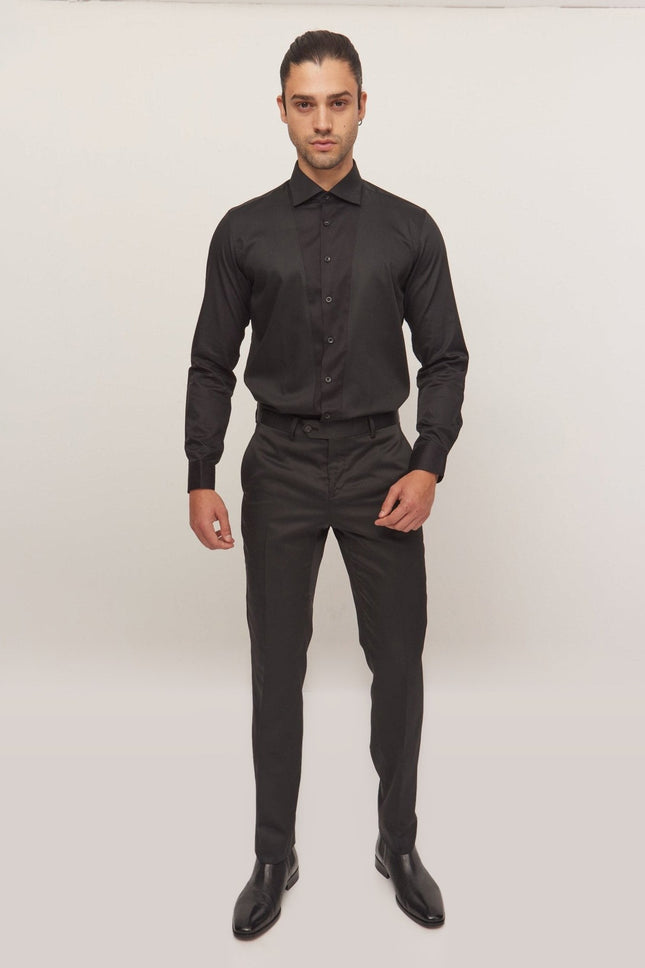 Slim Fit Pique Front Tuxedo Shirt - Black