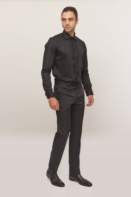 Slim Fit Pique Front Tuxedo Shirt - Black