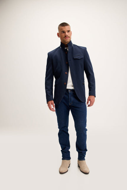 Mandarin Collar Denim Blazer - Navy