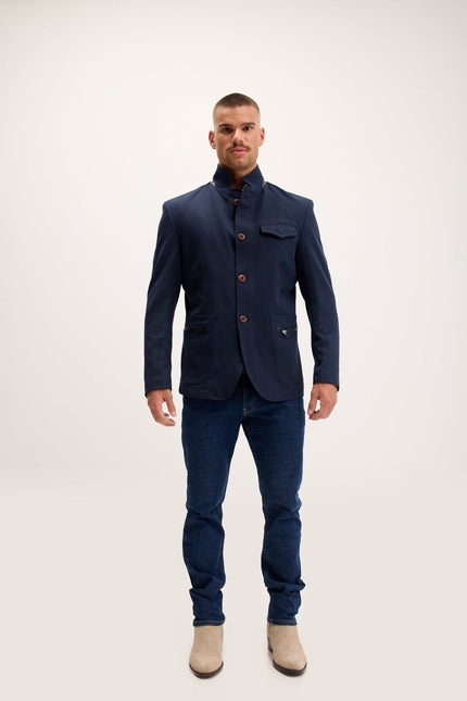 Mandarin Collar Denim Blazer - Navy