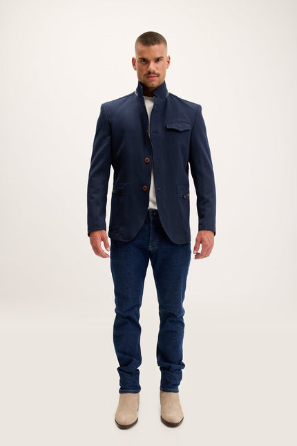 Mandarin Collar Denim Blazer - Navy