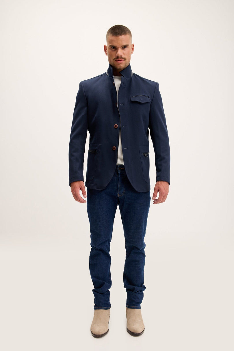 Mandarin Collar Denim Blazer - Navy