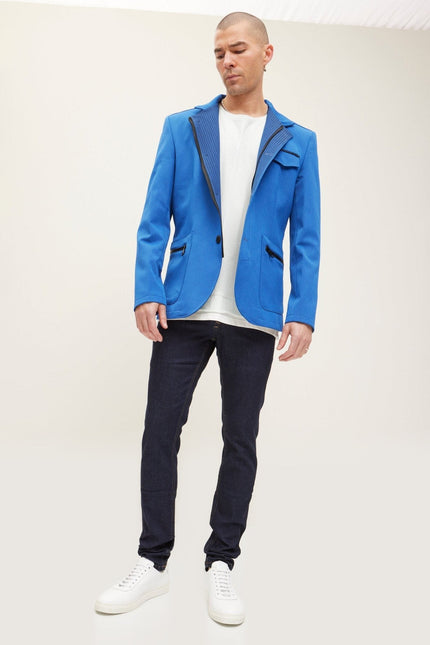 Mandarin Collar Denim Blazer - Sax