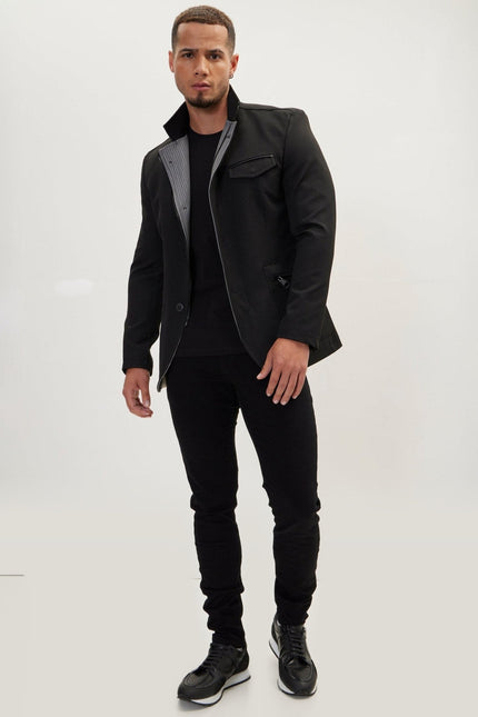 Mandarin Collar Denim Blazer - Black