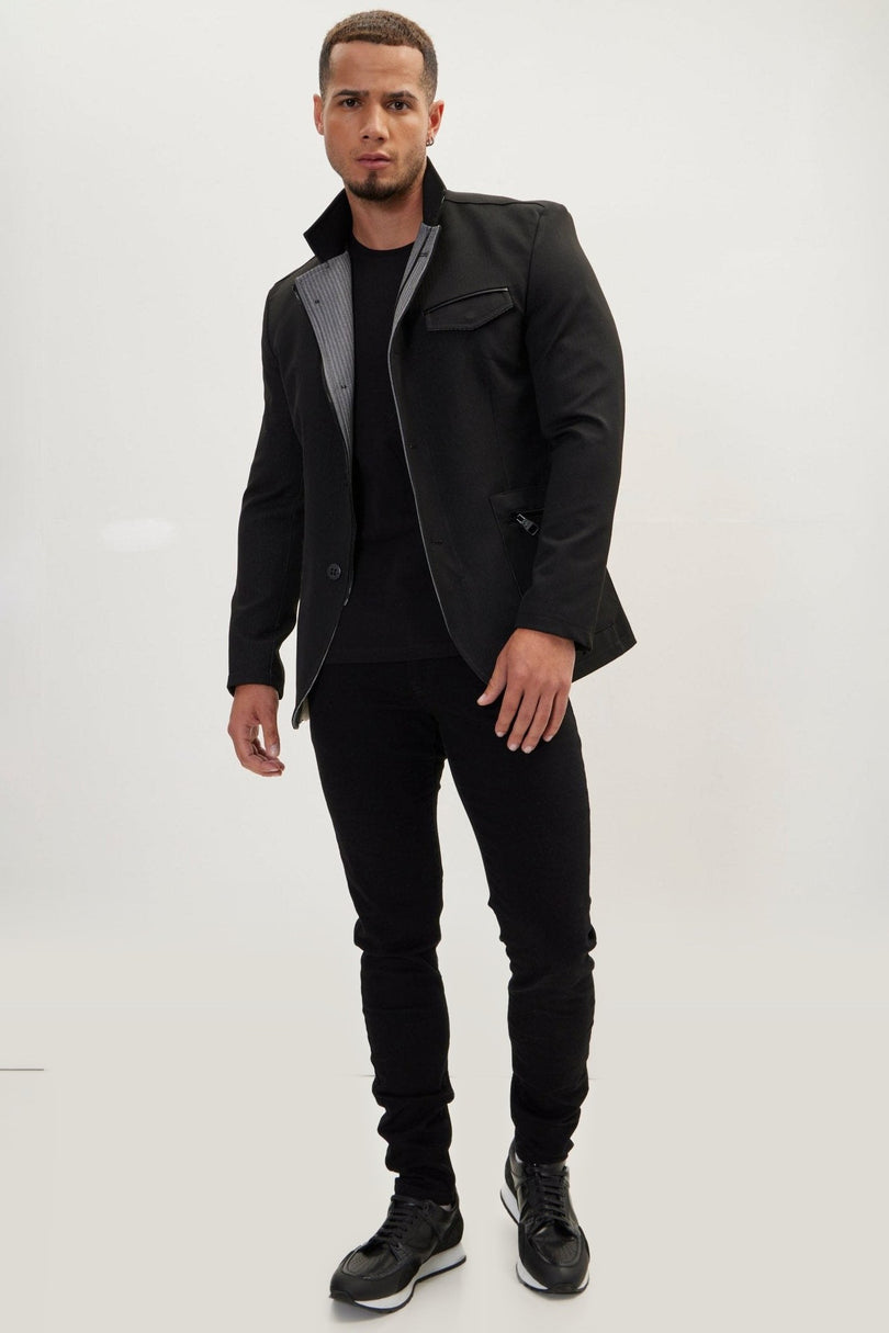 Mandarin Collar Denim Blazer - Black