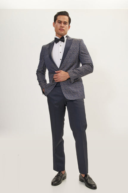 Paisley Peak Lapel Tuxedo Jacket - Navy Beige