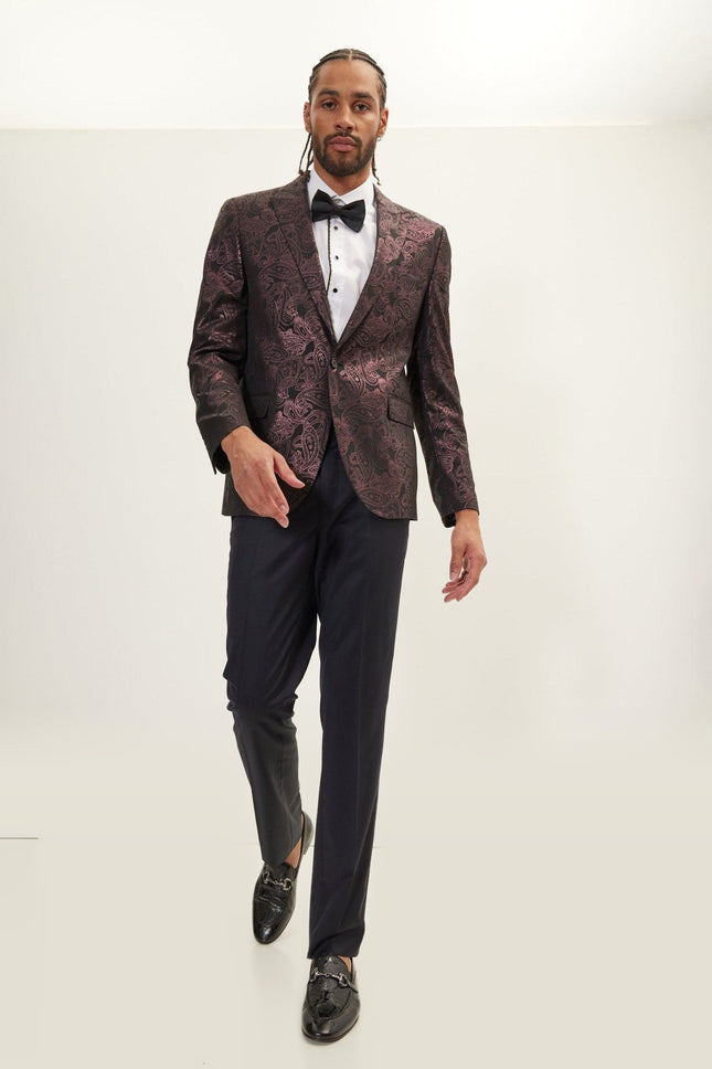 Glitter Paisley Peak Lapel Tuxedo Jacket - Burgundy