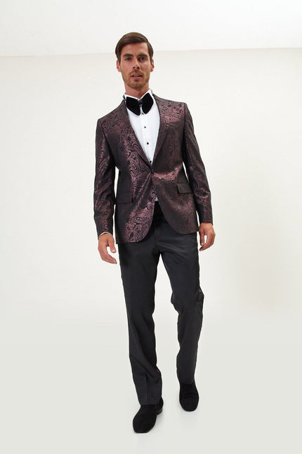 Glitter Paisley Peak Lapel Tuxedo Jacket - Burgundy