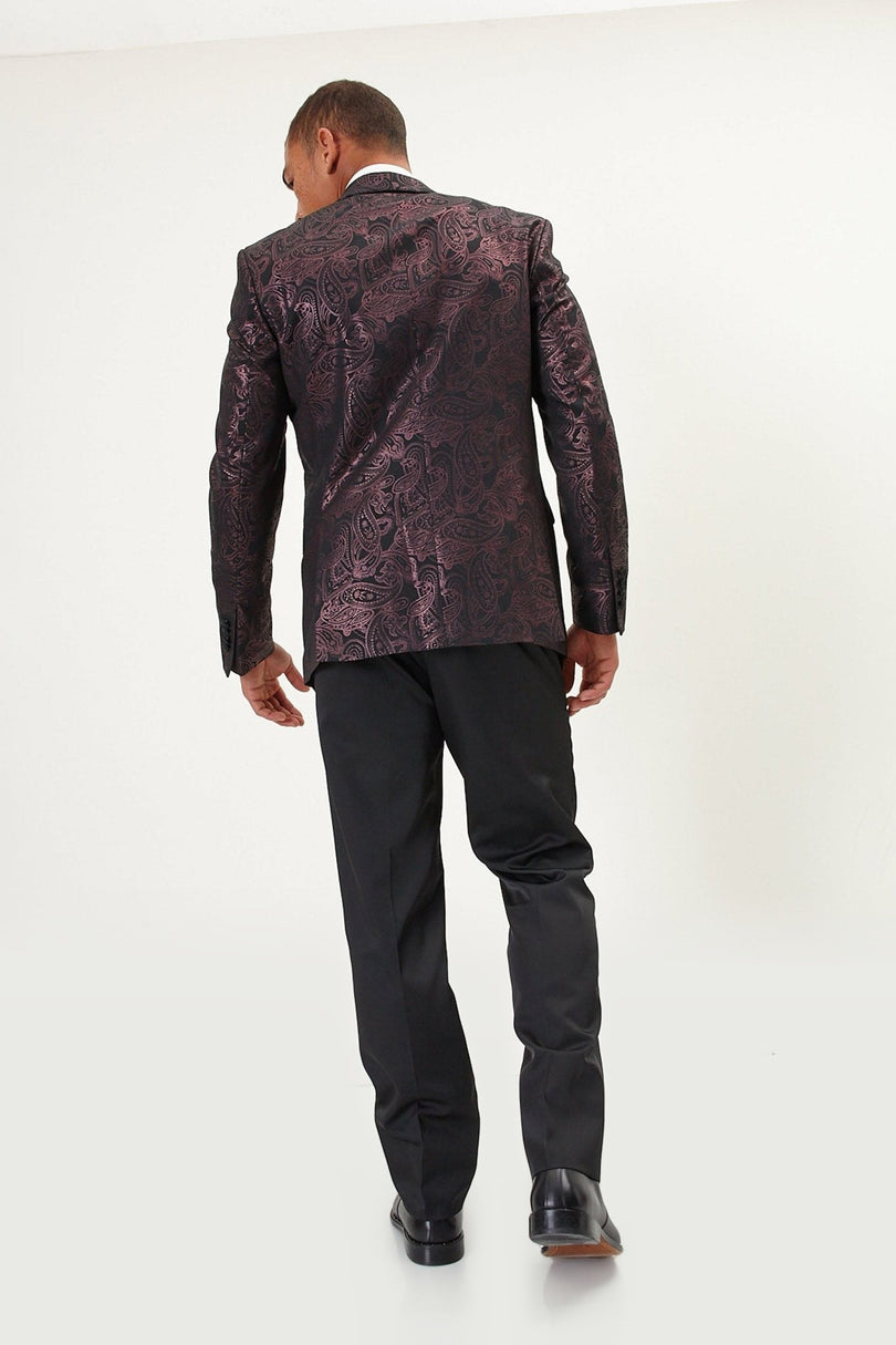 Glitter Paisley Shawl Tuxedo Jacket - Burgundy