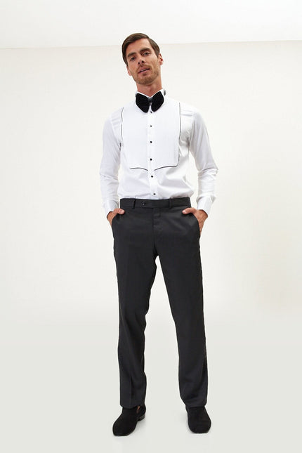 Pleated Wing Collar Tuxedo Shirt - White Black