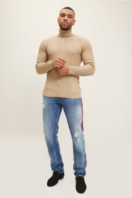 Ribbed Roll Neck Sweater - Beige