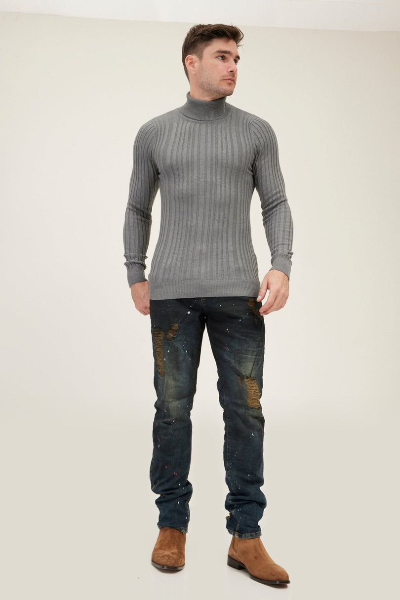 Ribbed Roll Neck Sweater - Grey