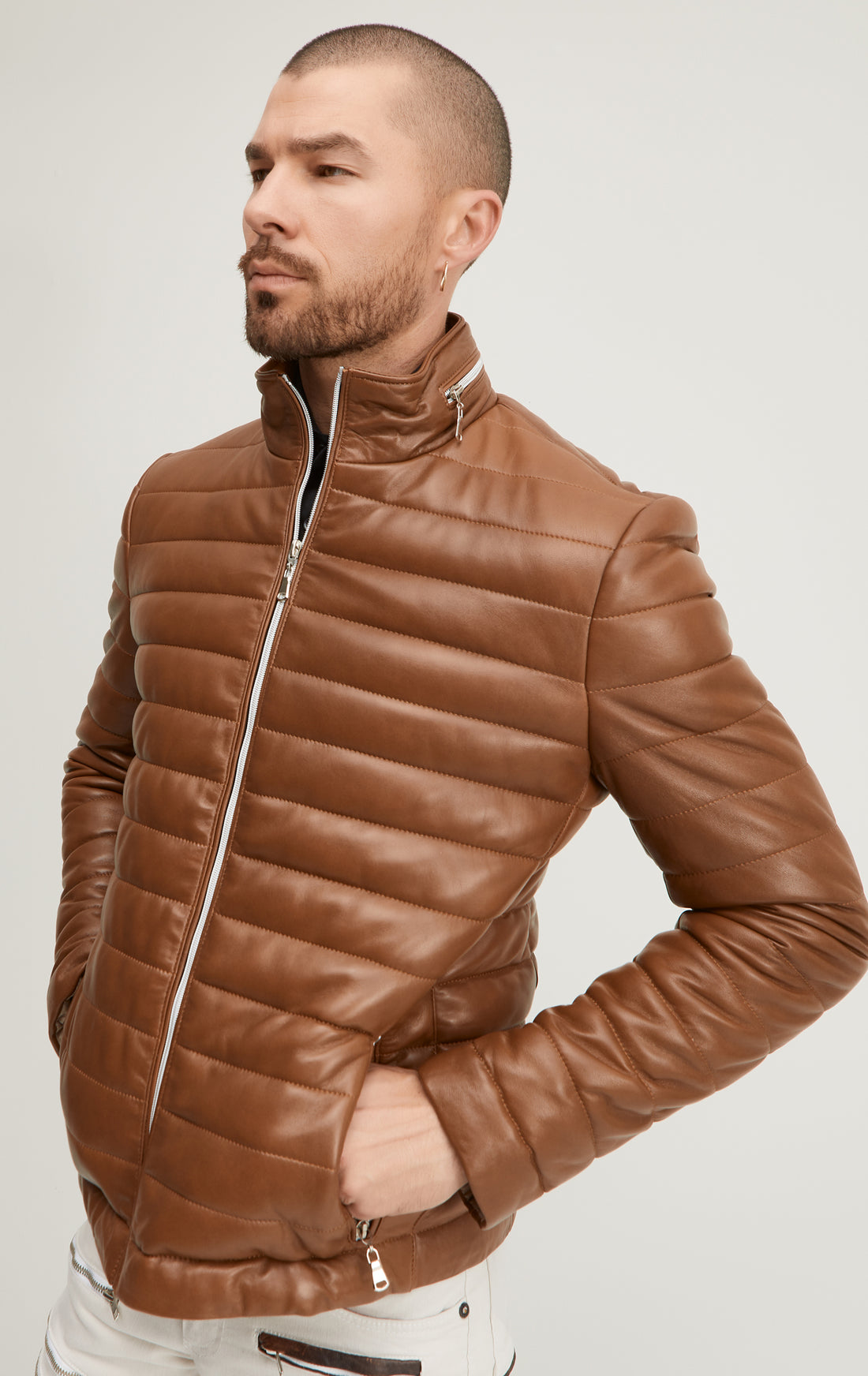 Lambskin Leather Puffer Jacket - Brown