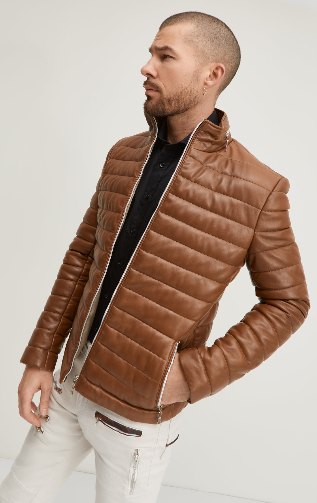 Lambskin Leather Puffer Jacket - Brown