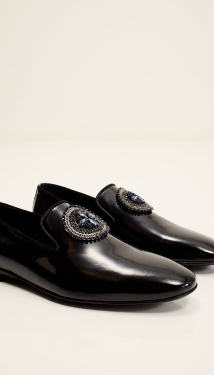 Crystal-Embellished Patent Leather Loafers - Black