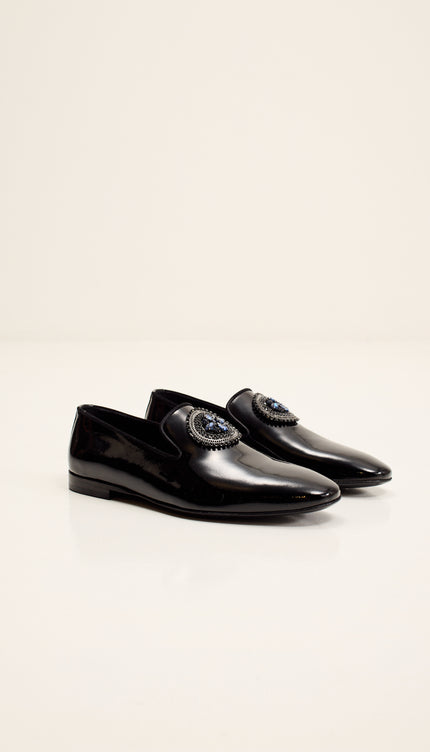Crystal-Embellished Patent Leather Loafers - Black