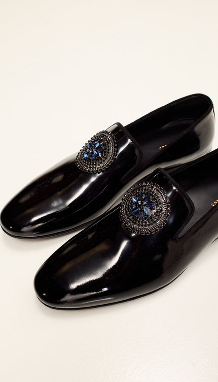 Crystal-Embellished Patent Leather Loafers - Black