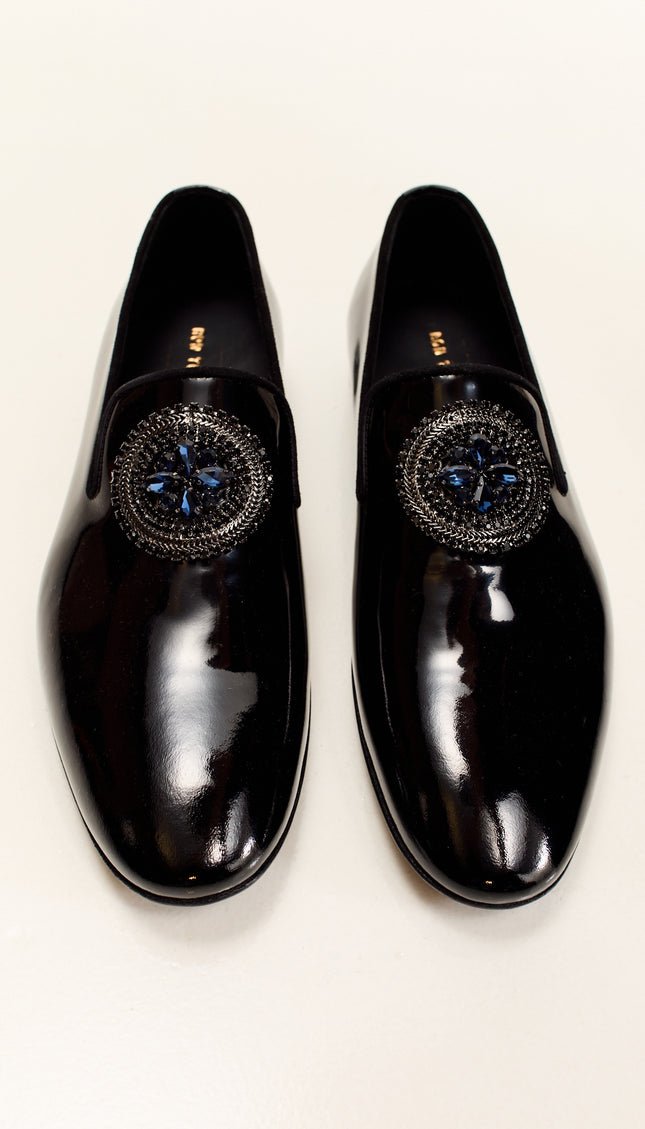 Crystal-Embellished Patent Leather Loafers - Black