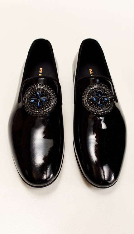 Crystal-Embellished Patent Leather Loafers - Black