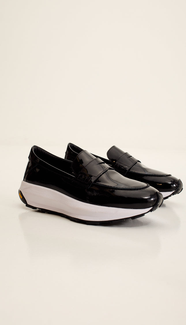 Italian Vibram Sole Patent Leather Loafers - Black