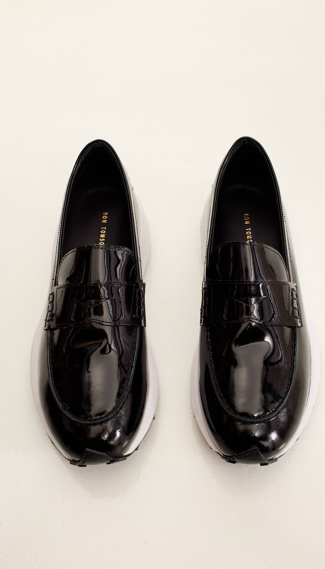 Italian Vibram Sole Patent Leather Loafers - Black