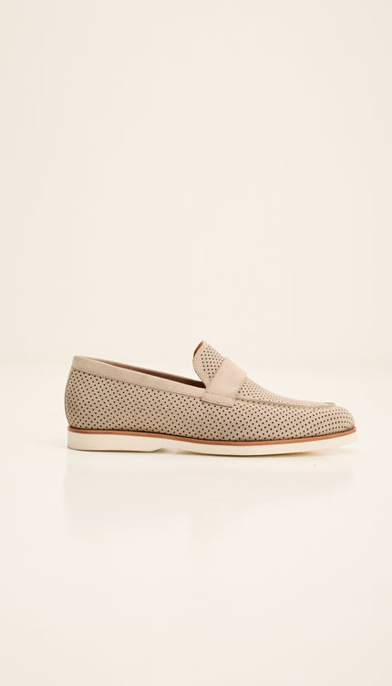 Perforated Nubuck Leather Shoes with Italian Rubber Soles - Beige Suede