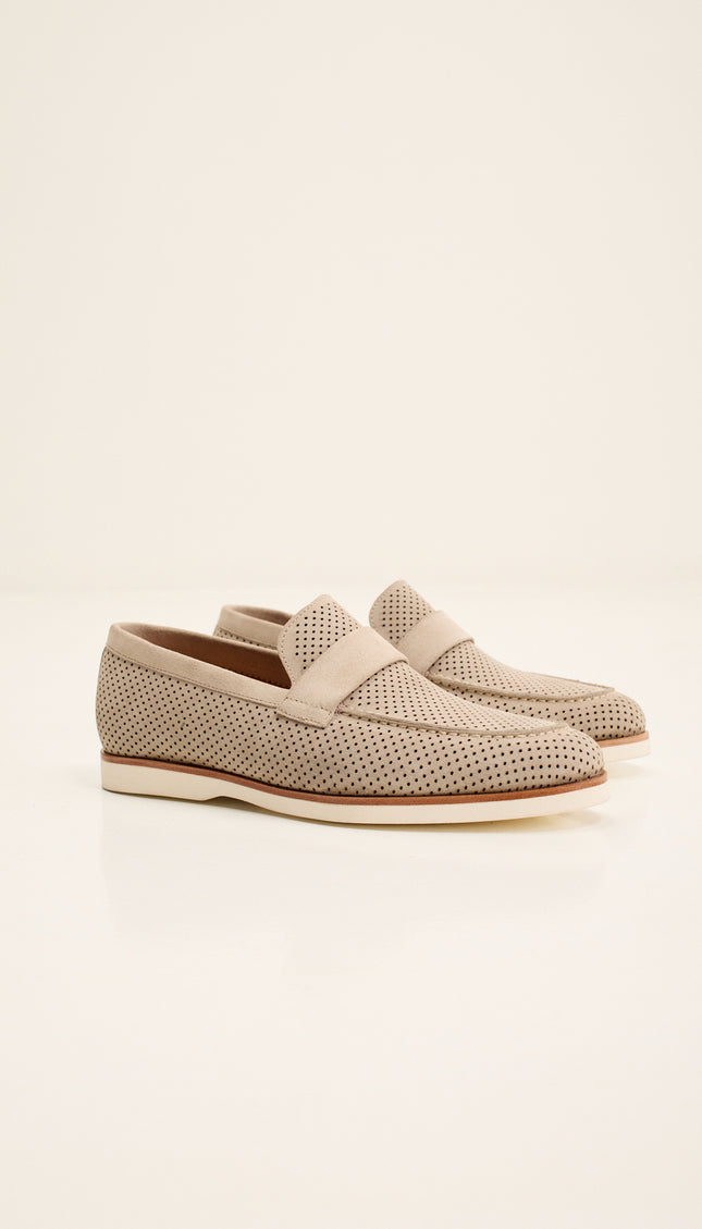 Perforated Nubuck Leather Shoes with Italian Rubber Soles - Beige Suede