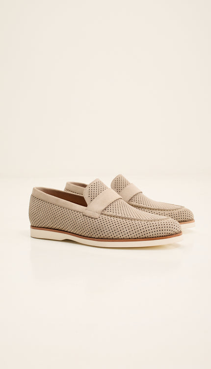 Perforated Nubuck Leather Shoes with Italian Rubber Soles - Beige Suede