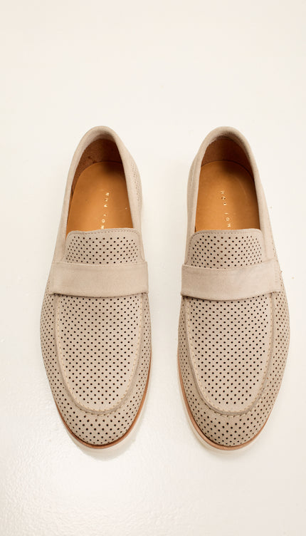 Perforated Nubuck Leather Shoes with Italian Rubber Soles - Beige Suede