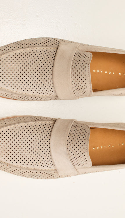 Perforated Nubuck Leather Shoes with Italian Rubber Soles - Beige Suede