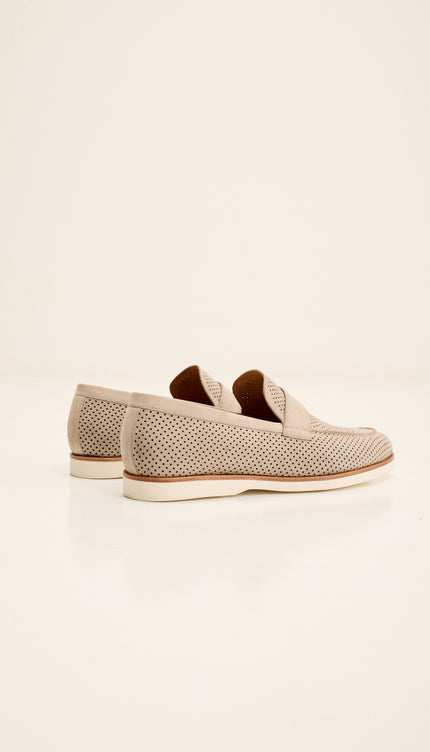 Perforated Nubuck Leather Shoes with Italian Rubber Soles - Beige Suede