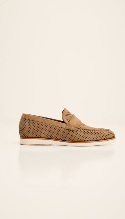 Perforated Nubuck Leather Shoes with Italian Rubber Soles - Taupe Suede