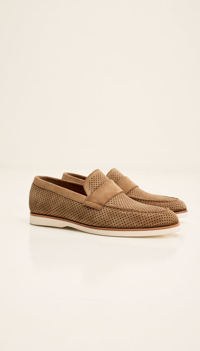 Perforated Nubuck Leather Shoes with Italian Rubber Soles - Taupe Suede
