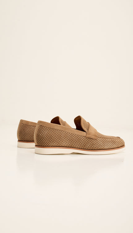 Perforated Nubuck Leather Shoes with Italian Rubber Soles - Taupe Suede