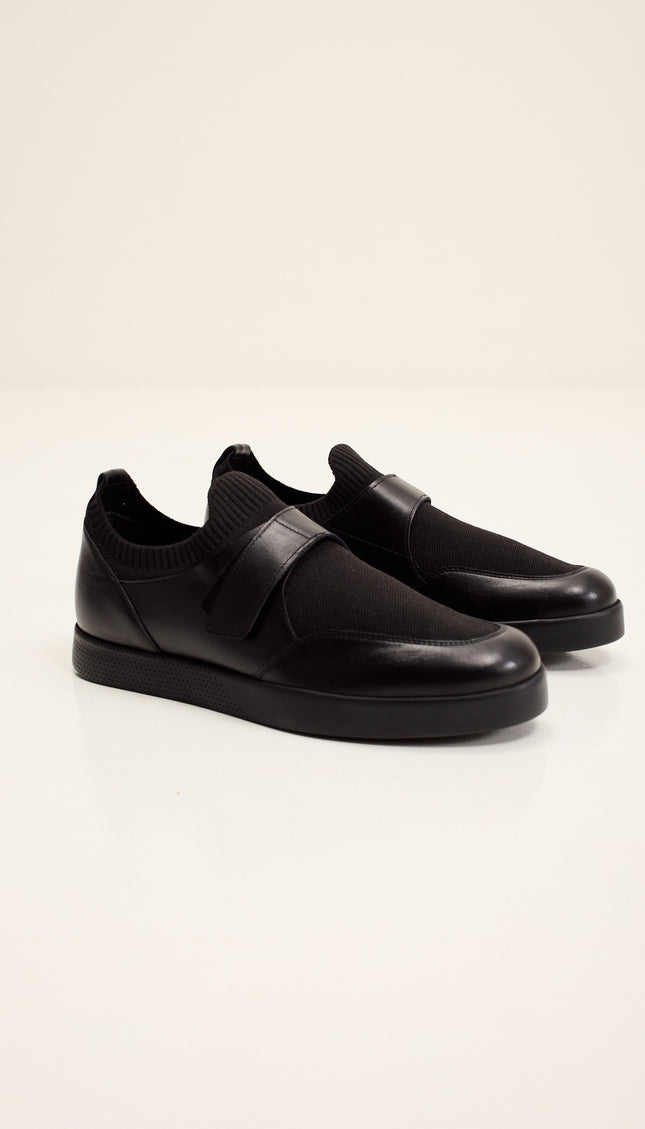 Leather Shoes with Italian Rubber Soles, Knitted Neck, and Neoprene - Black