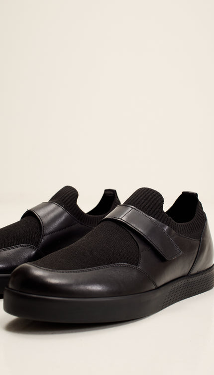 Leather Shoes with Italian Rubber Soles, Knitted Neck, and Neoprene - Black