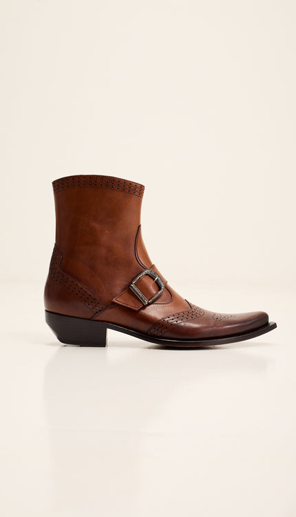 Western Side Buckle Leather Boots with Cowboy Heel and Pointed Toe - Brown
