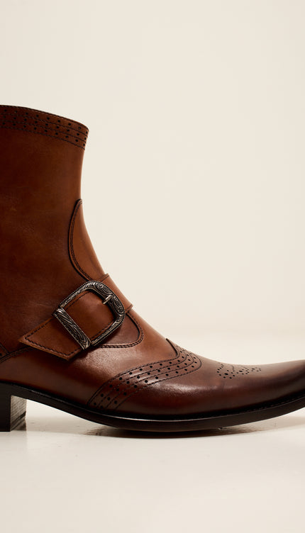 Western Side Buckle Leather Boots with Cowboy Heel and Pointed Toe - Brown