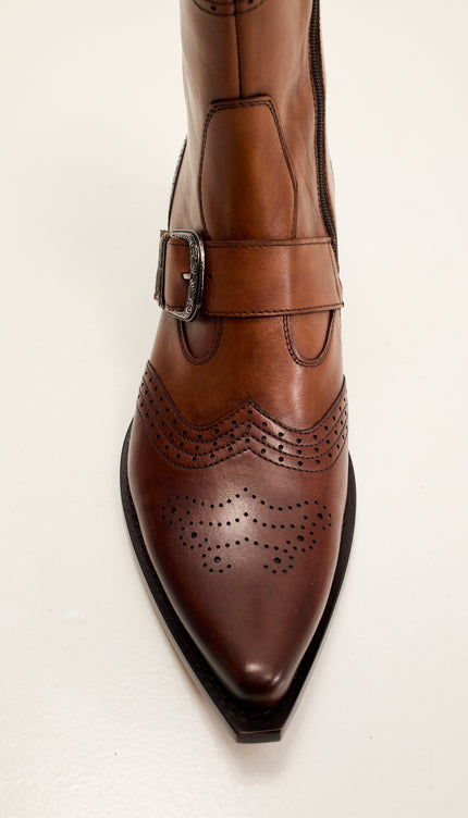 Western Side Buckle Leather Boots with Cowboy Heel and Pointed Toe - Brown