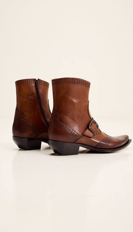 Western Side Buckle Leather Boots with Cowboy Heel and Pointed Toe - Brown