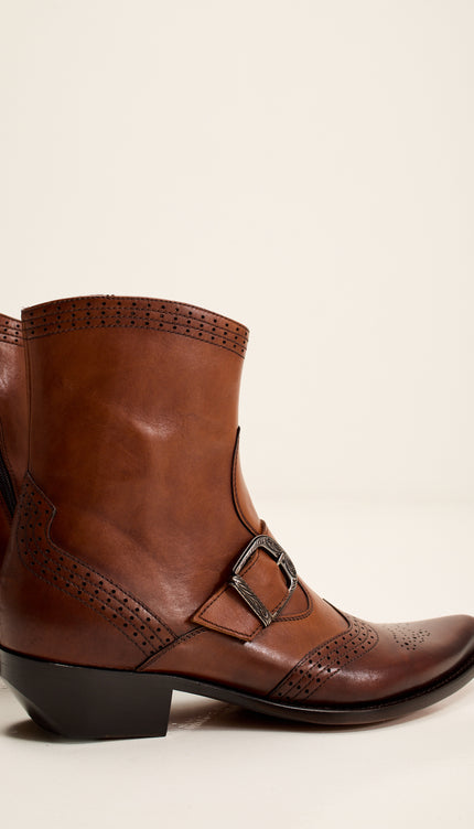 Western Side Buckle Leather Boots with Cowboy Heel and Pointed Toe - Brown