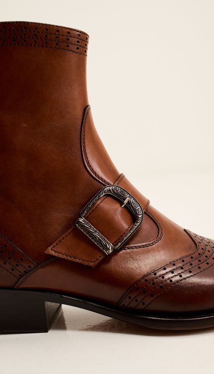 Western Side Buckle Leather Boots with Cowboy Heel and Pointed Toe - Brown