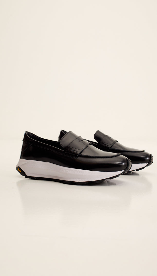 Italian Vibram Sole Polished Leather Loafers - Black
