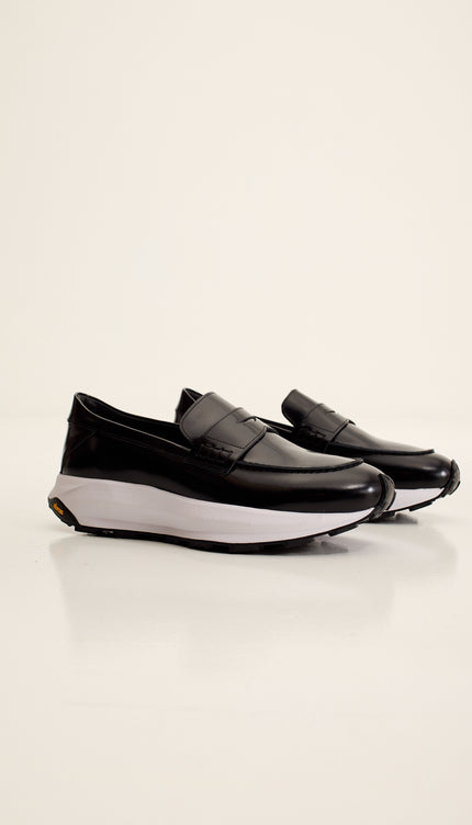 Italian Vibram Sole Polished Leather Loafers - Black