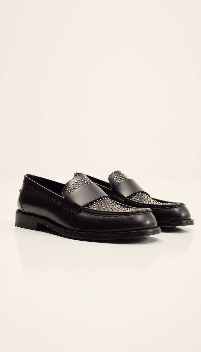 Leather Studded Penny Loafer - Black