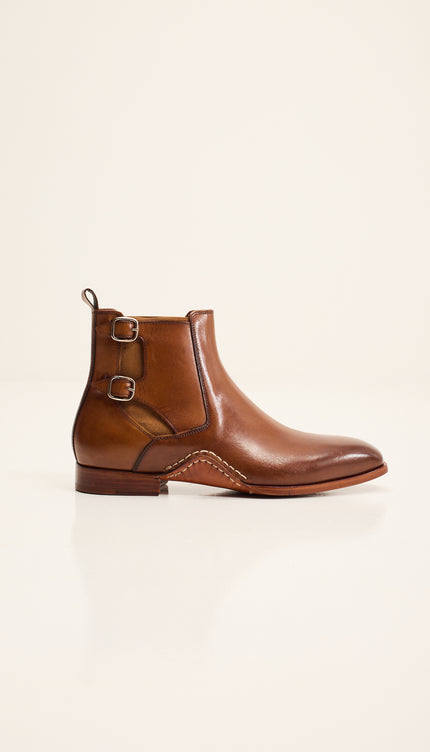 Double-Buckle Italian Leather Chelsea Boot - Brown