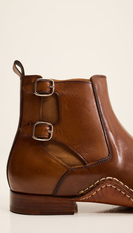 Double-Buckle Italian Leather Chelsea Boot - Brown