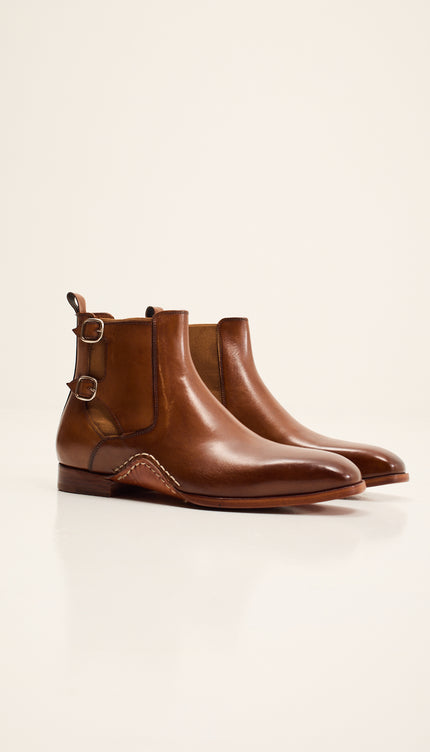 Double-Buckle Italian Leather Chelsea Boot - Brown