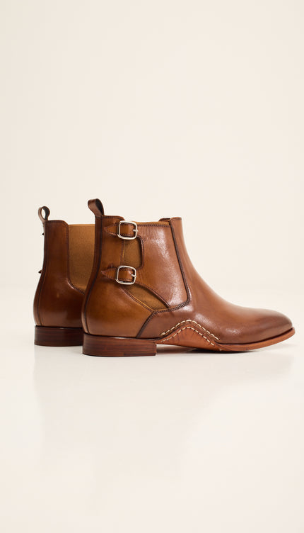 Double-Buckle Italian Leather Chelsea Boot - Brown