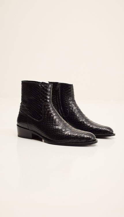 Genuine Snake Skin Side-Zip Chelsea Boots - Black